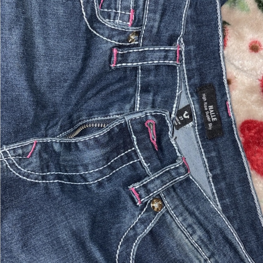 True Religion High Rise Blue Jeans with Pink Stitching